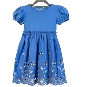 Mini Boden Blue Puff Sleeve Dress with Embroidered Floral Hem — Girls 12